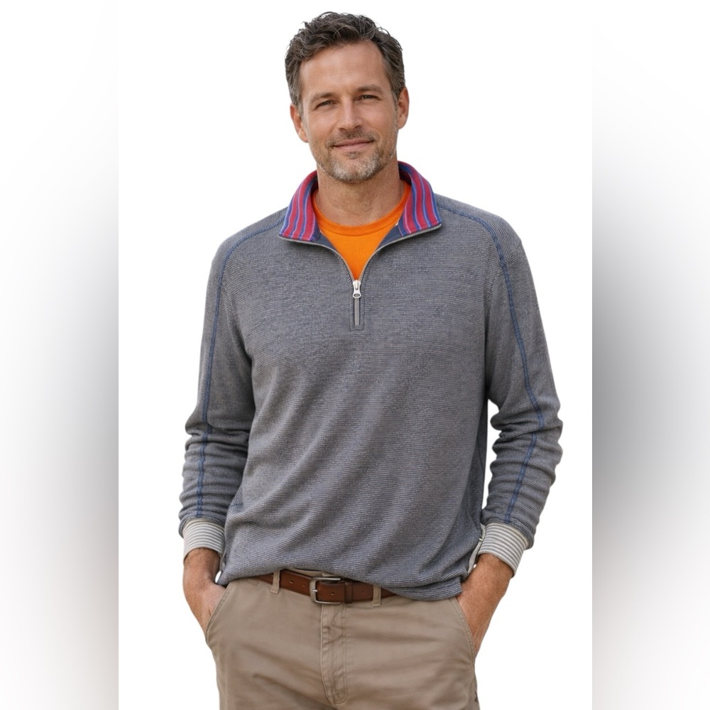 Robert Graham Men's 1/4 Zip Pullover Striped Knit Blue XXL Golf Office